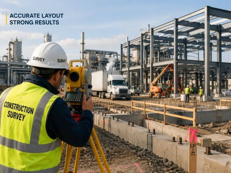 Construction surveyor checking layout points during an active industrial facility expansion