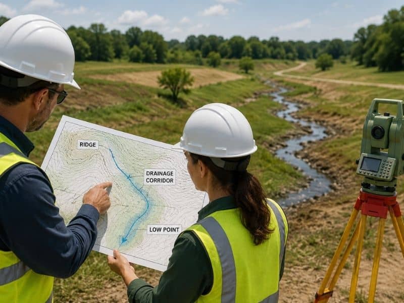 Topographic survey team mapping a natural drainage corridor across undeveloped land