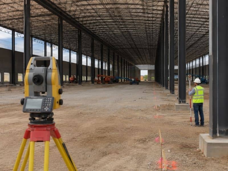 Total station checking long structural grid lines between steel columns inside a warehouse under construction.