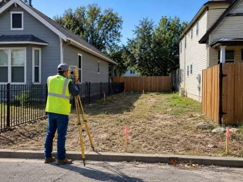 Infill Lot Survey in Fort Worth Texas measuring a narrow residential lot between neighboring homes