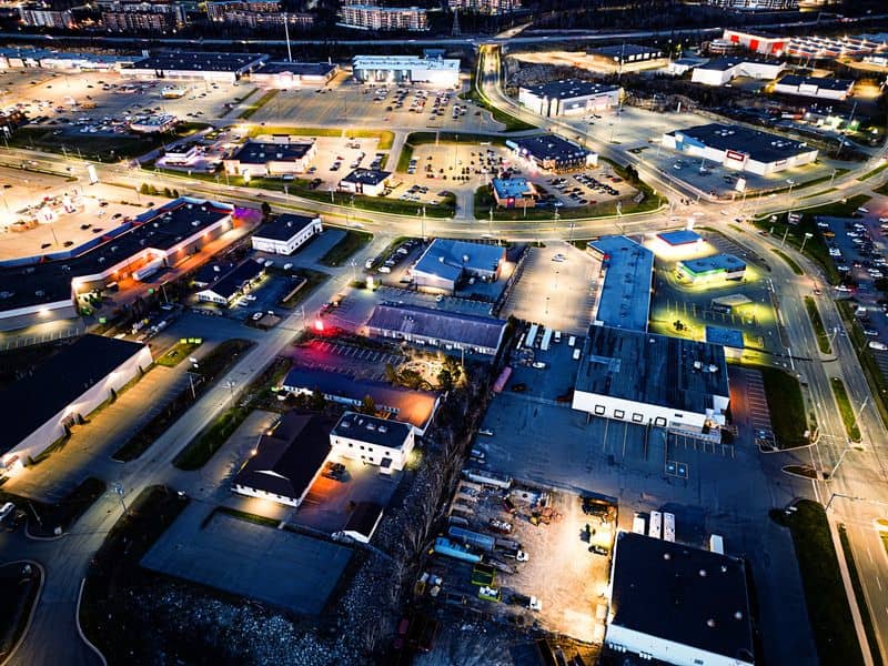 Aerial view of commercial pad sites and shared access areas in Fort Worth, Texas.
