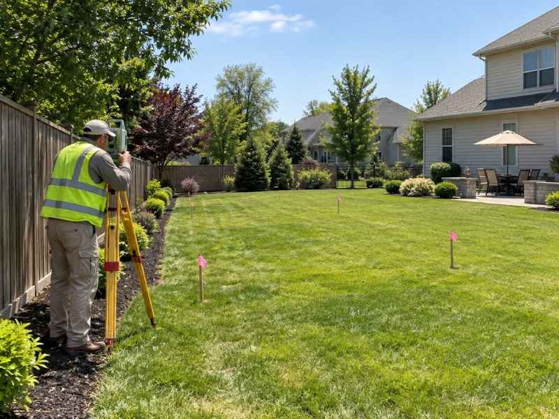 Land survey property boundaries being measured in a residential backyard before planning a pool project in Fort Worth Texas.